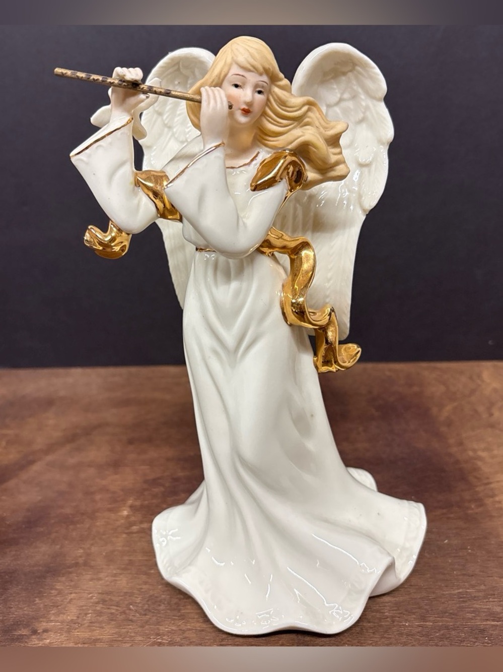 Porcelain White and Gold Angel Musical Figurine - Decorative Home Art